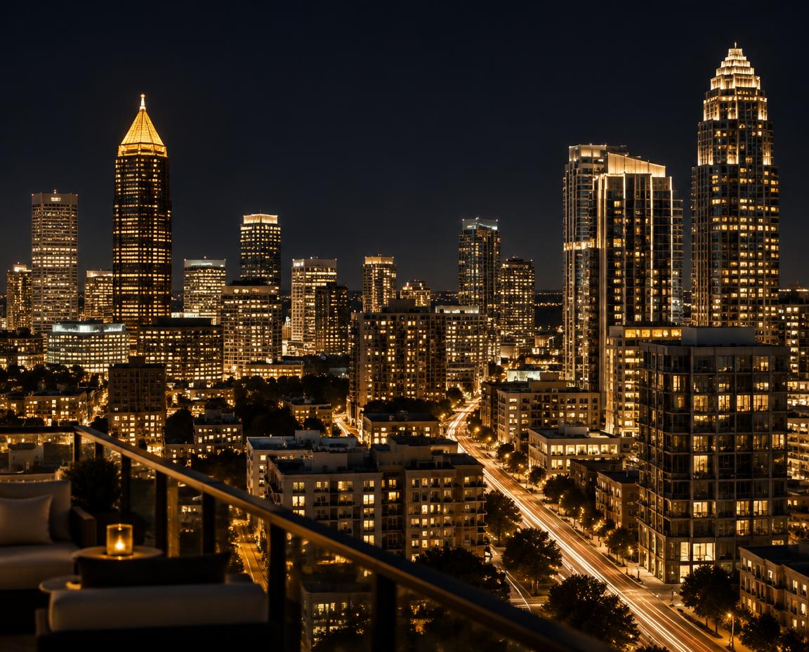 The Atlanta skyline at night, seen from a Buckhead terrace